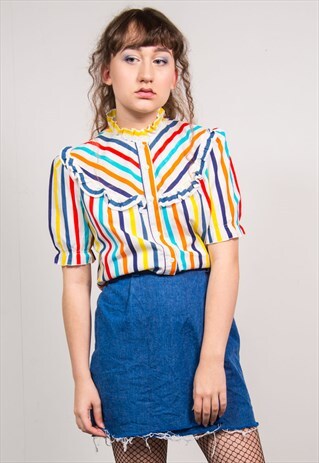 90'S COLOURFUL STRIPED FRILLY CANDY STRIPE SHIRT BLOUSE
