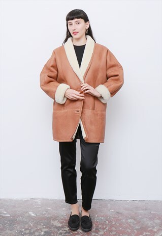 VINTAGE 1980'S SHEEPSKIN SHEARLING AVIATOR FLYING COAT
