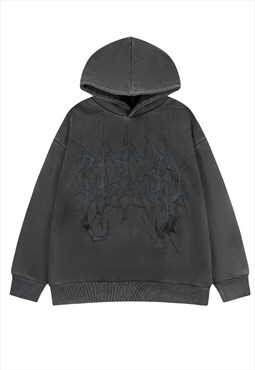 Cyber punk hoodie graffiti pullover grunge patch jumper grey