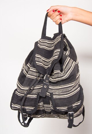 90'S VINTAGE MONOCHROME STRIPED HIPPIE BACKPACK RUCKSACK