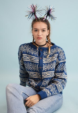 80'S RETRO FAIR ISLE PATTERN WOOL KNIT CHRISTMAS CARDIGAN