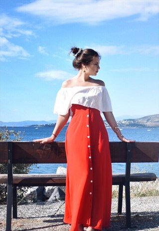 OFF-SHOULDER MAXI DRESS WITH FRILLS AND BUTTONS