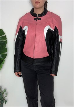 Vintage 90s leather jacket pink/black racer jacket ,size S