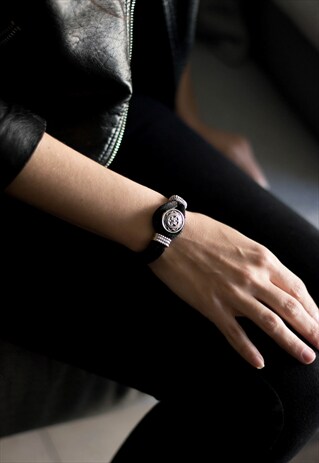 BLACK BRACELET ROPE BRACELET WITH SILVER BUTTON CLOSURE