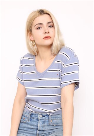 VINTAGE 90S TOMMY HILFIGER BLUE STRIPED TOP T-SHIRT