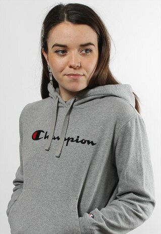VINTAGE CHAMPION SPELL OUT LOGO GREY HOODIE