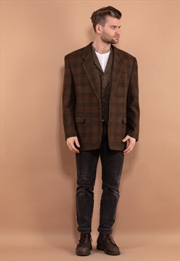 Vintage 90's Men Plaid Wool Blazer in Green Brown
