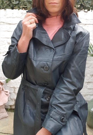 VINTAGE 80S BLACK LEATHER TRENCH COAT