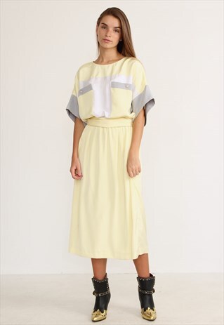 VINTAGE YELLOW GREY LOUIS FERAUD MIDI DRESS
