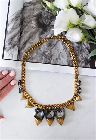GOLD DIAMANTE GREY RHINESTONE CHUNKY STATEMENT NECKLACE