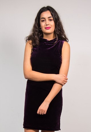 90'S VINTAGE DARK PURPLE HIGH NECK VELVET DRESS