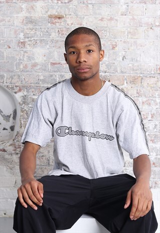 VINTAGE CHAMPION TAPE LOGO SPELLOUT T-SHIRT GREY