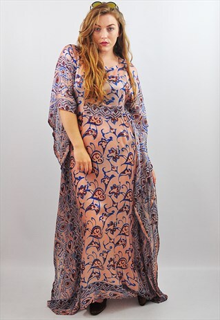 VINTAGE BOHO PATTERNED SILK KAFTAN KIMONO SUMMER DRESS