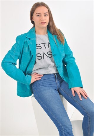 VINTAGE SUEDE LEATHER BLAZER JACKET IN TURQUOISE