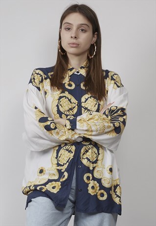 VINTAGE 80'S WHITE SCARF PRINT DETAIL SHIRT