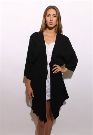 VINTAGE 1980'S 80'S TEXTURED BLACK DUSTER KIMONO JACKET OS