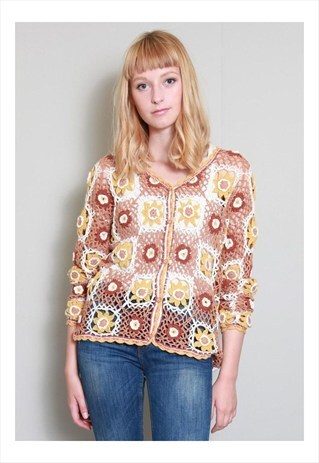 VINTAGE 1970'S AMAZING BROWN AND YELLOW CROCHET FLOWER TOP
