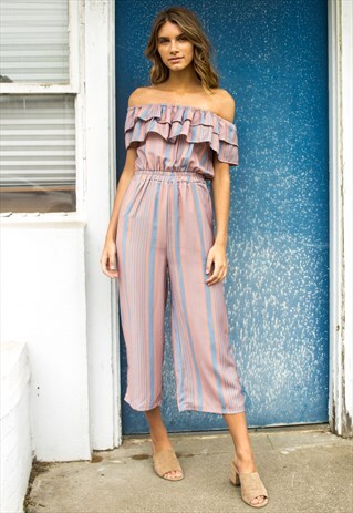RUFFLED OFF-THE-SHOULDER JUMPSUIT IN STRIPE