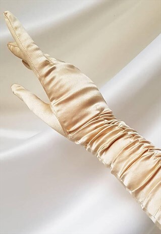 VINTAGE 50S GOLD SATIN ELBOW-LENGTH EVENING GLOVES / WEDDING