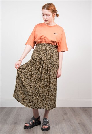 VINTAGE BLACK FLORAL PATTERN GRUNGE MIDI SKIRT
