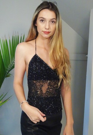 BLACK 90'S MESH BEADED HALTER-NECK PARTY TOP