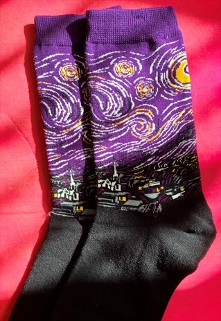 VINTAGE INSPIRED SOCKS IN BLACK AND PURPLE W VAN GOGH PRINT