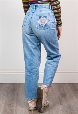 VINTAGE 90'S LIGHT BLUE DENIM FRAYED HEM MOM JEANS