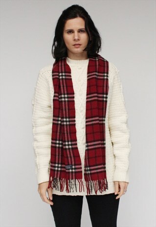 VINTAGE CASHMERE CHECKED SCARF BURGUNDY-AS48