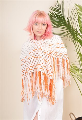 Y2K CROCHET KNIT HIPPY BOHO SUMMER PICNIC SHAWL ORANGE