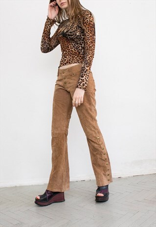 VINTAGE REAL LEATHER BROWN TROUSERS LOW WAIST FLARED LEG