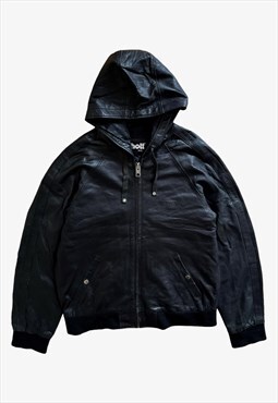 Vintage 90s Men's Schott Black Leather Hooded Jacket