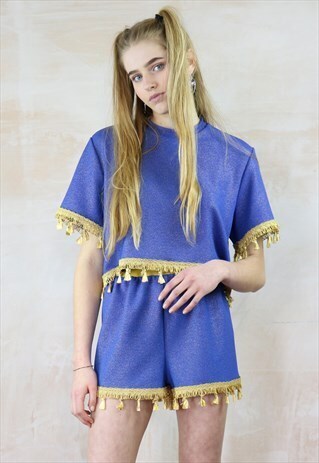 BLUE N GOLD GLITTER TASSLE SHORTS CO-ORD