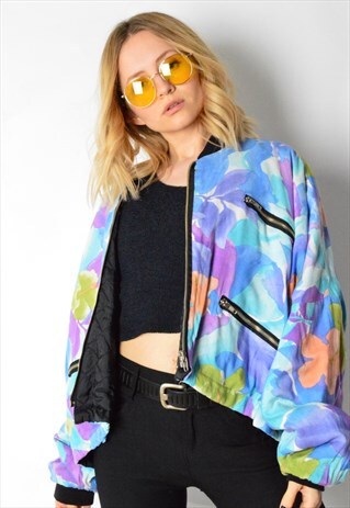VINTAGE 80S COLOURFUL ABSTRACT CROPPED BOMBER JACKET