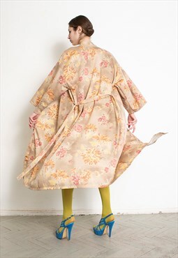 Vintage 90s Floral Coverup Dress Robe Beige