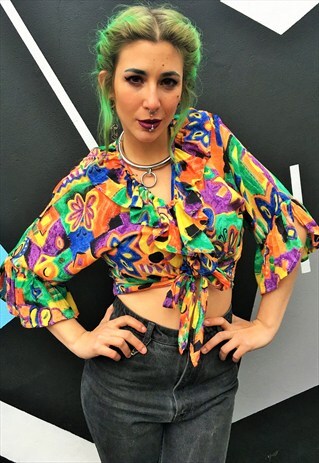 VINTAGE FLARED SLEEVE TIE UP CROP TOP