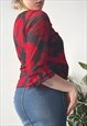 VINTAGE Y2K 00'S BLACK & RED FLORAL ROSES RUFFLE SLEEVE TOP