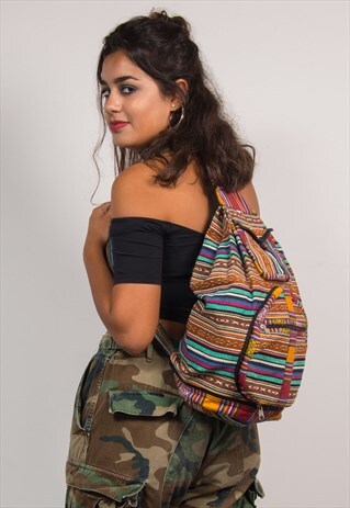 VINTAGE 90'S RAINBOW AZTEC STRIPE RUCKSACK HIPPIE BACKPACK