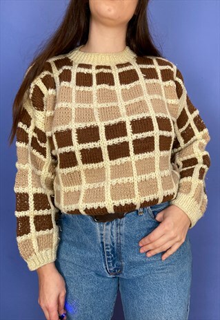VINTAGE 70'S BROWN SQUARE KNIT JUMPER - S/M