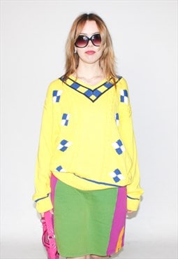 Vintage 90s geometric v-neck jumper in yellow