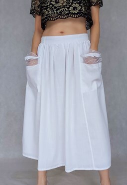Vintage White Boho Midi Skirt with Pockets, Small to Medium 