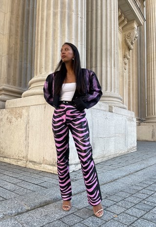 HIGH WAISTED LEATHER PANTS IN BLACK WITH PINK ZEBRA PRINT
