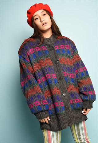 VINTAGE 80'S ABSTRACT PATTERN KNIT OVERSIZED CARDIGAN JACKET