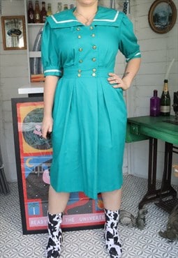 Vintage 50s Green Monochrome Sailor Collar Midi Shirt Dress