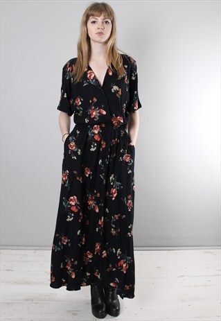 VINTAGE 80S BLACK FLORAL PATTERNED LONG DRESS