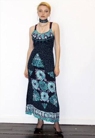 VINTAGE 1980S BLUE BLACK BOHO BEADED MAXI FESTIVAL DRESS