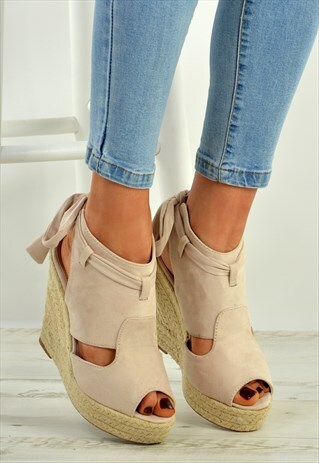 NUDE ESPADRILLE WEDGE PLATFORM BACK LACE SANDALS SHOES