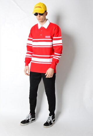 VINTAGE 90S RED WHITE STRIPED TOYOTA LONG SLEEVE POLO SHIRT