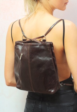 1990S VINTAGE DEEP RICH BROWN LEATHER BACKPACK