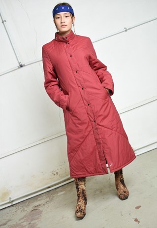 VINTAGE 70S RETRO MOD MINIMALIST PUFFER MAROON LONGLINE COAT
