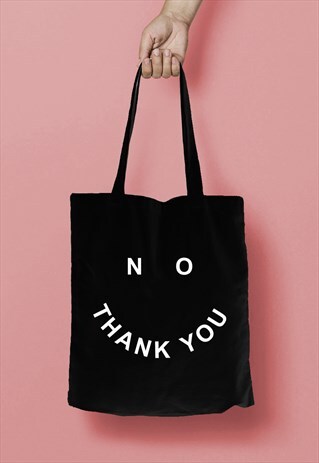 NO THANK YOU SMILEY FACE SLOGAN PRINT TOTE BAG SHOPPER BLACK